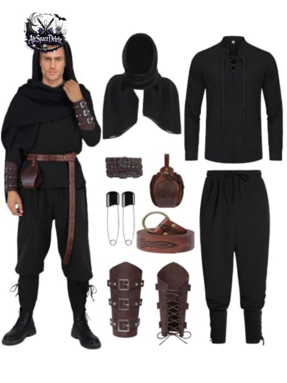 Men Renaissance Viking Knight Pirate Costume Set Cape Belt Pouch LARP Halloween